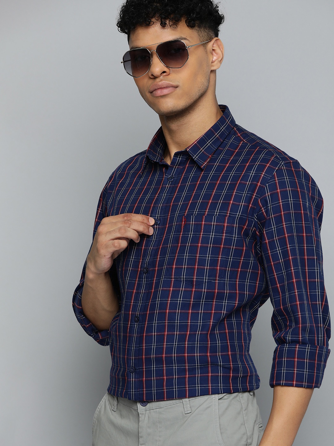 

Indian Terrain Slim Fit Checked Semiformal Shirt, Navy blue