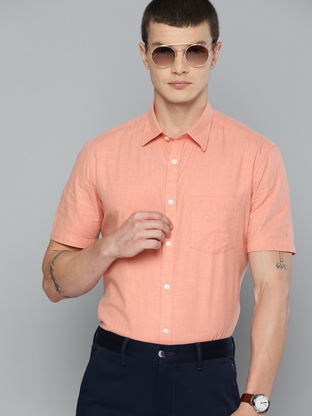 

Indian Terrain Pure Cotton Slim Fit Opaque Semiformal Shirt, Peach