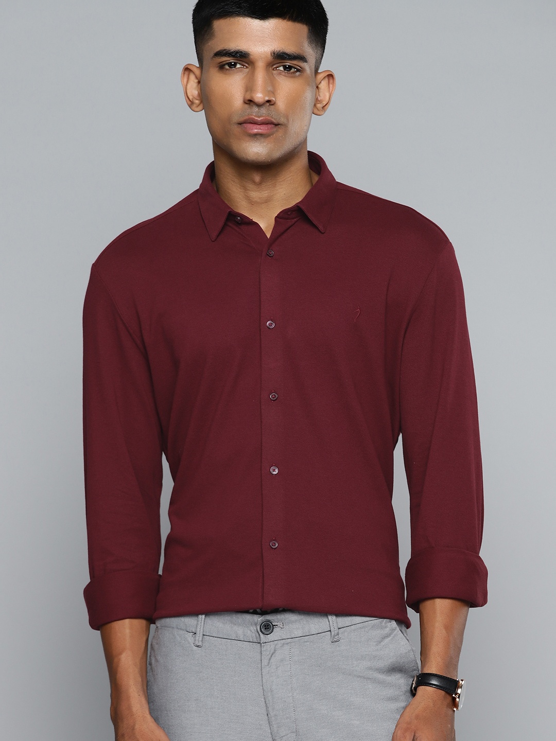 

Indian Terrain Pure Cotton Knitted Slim Fit Casual Shirt, Maroon