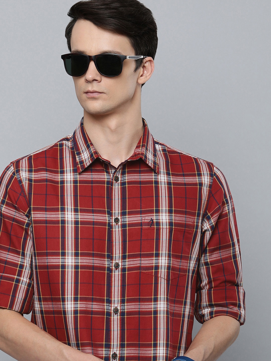 

Indian Terrain Chiseled Slim Fit Checked Pure Cotton Casual Shirt, Red