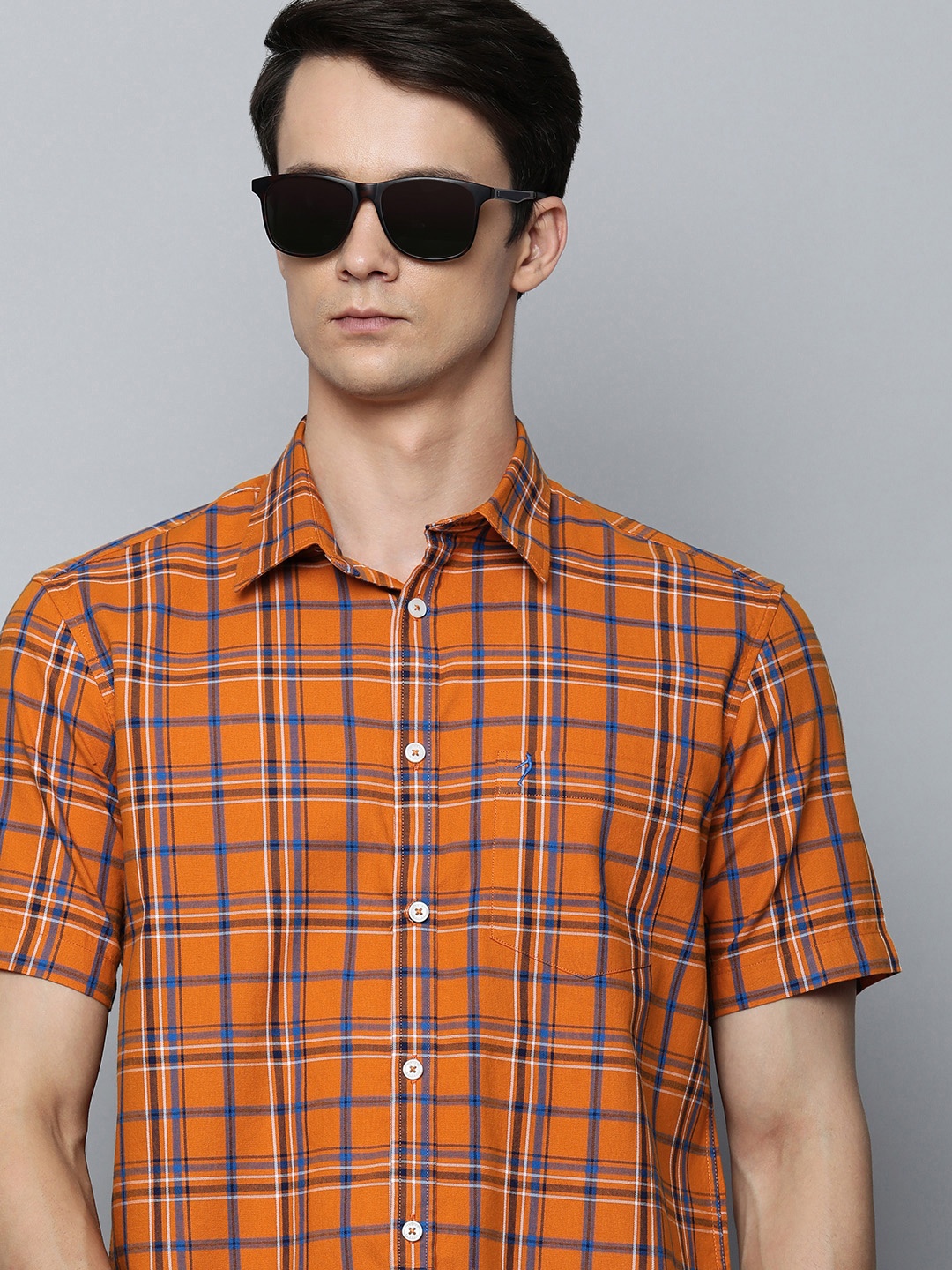 

Indian Terrain Men Pure Cotton Slim Fit Opaque Checked Casual Shirt, Orange