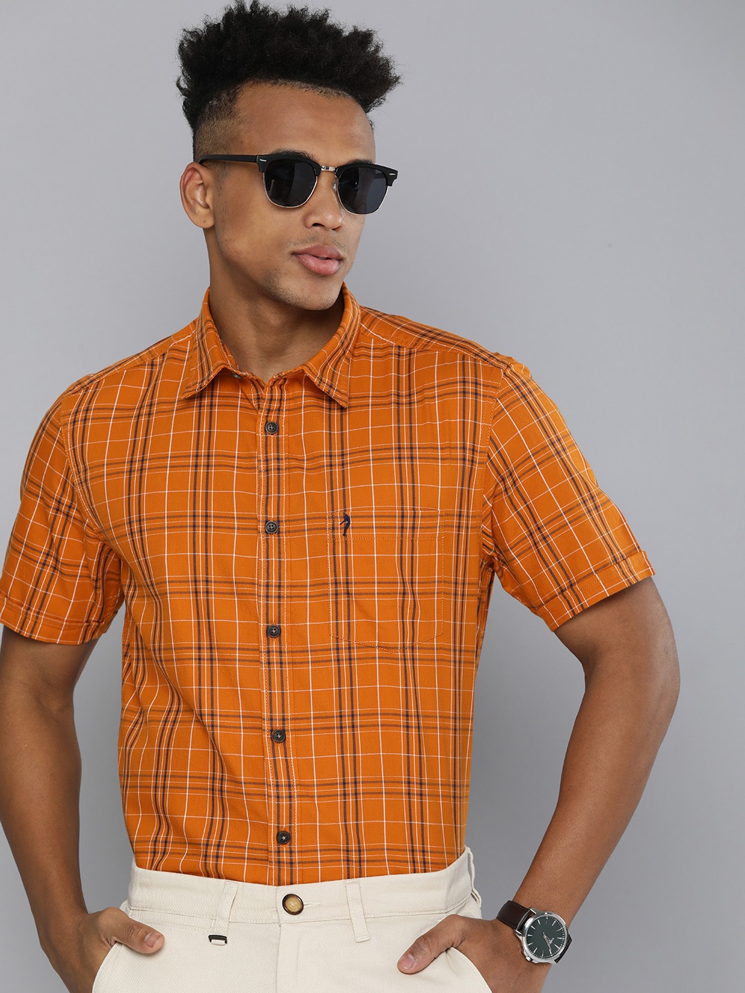 

Indian Terrain Pure Cotton Slim Fit Checked Semiformal Shirt, Orange