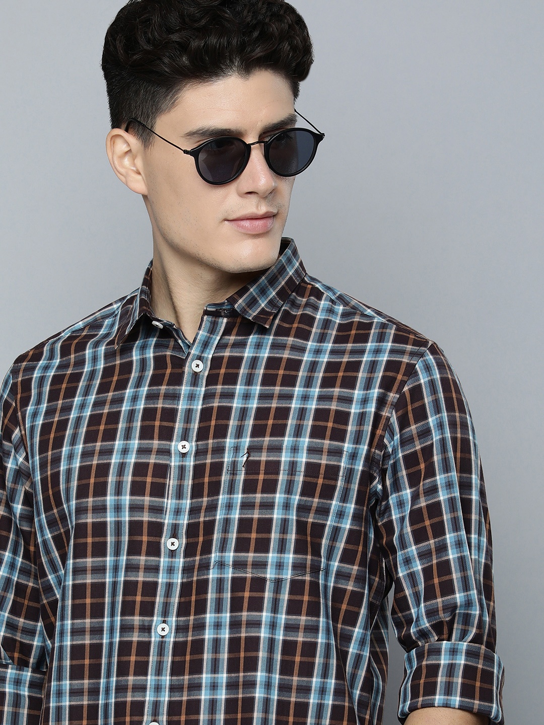 

Indian Terrain Men Slim Fit Tartan Checks Pure Cotton Casual Shirt, Blue