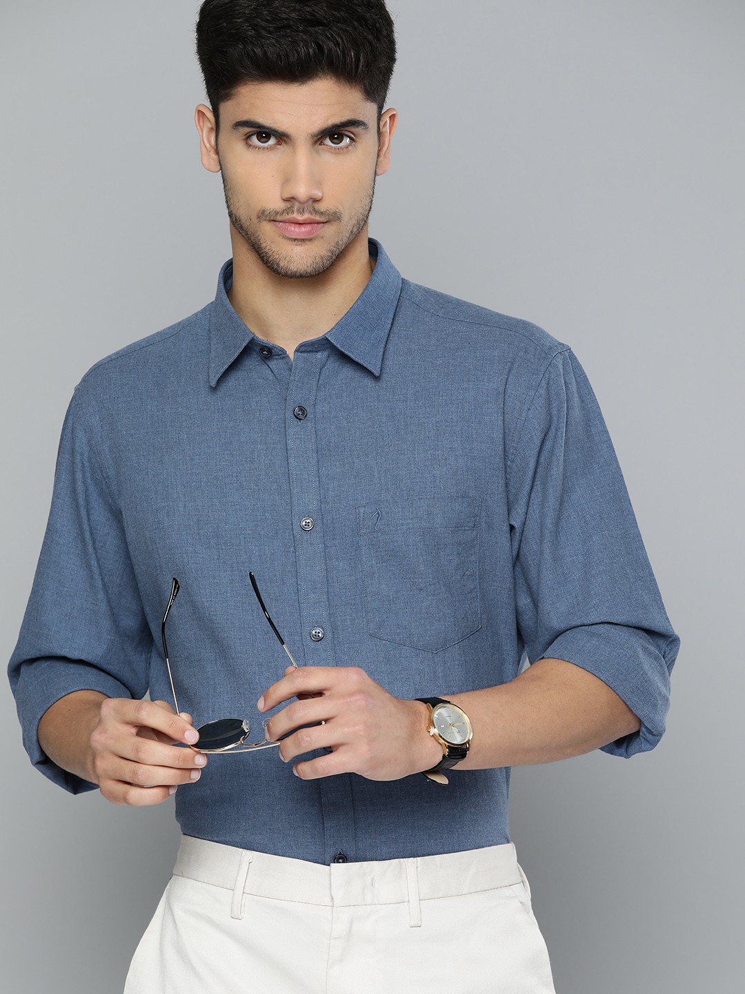 

Indian Terrain Pure Cotton Chiseled Slim Fit Chambray Shirt, Blue