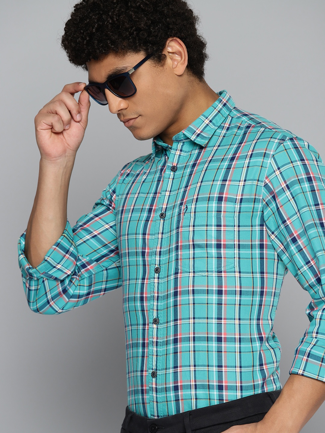 

Indian Terrain Pure Cotton Slim Fit Tartan Checked Semiformal Shirt, Blue