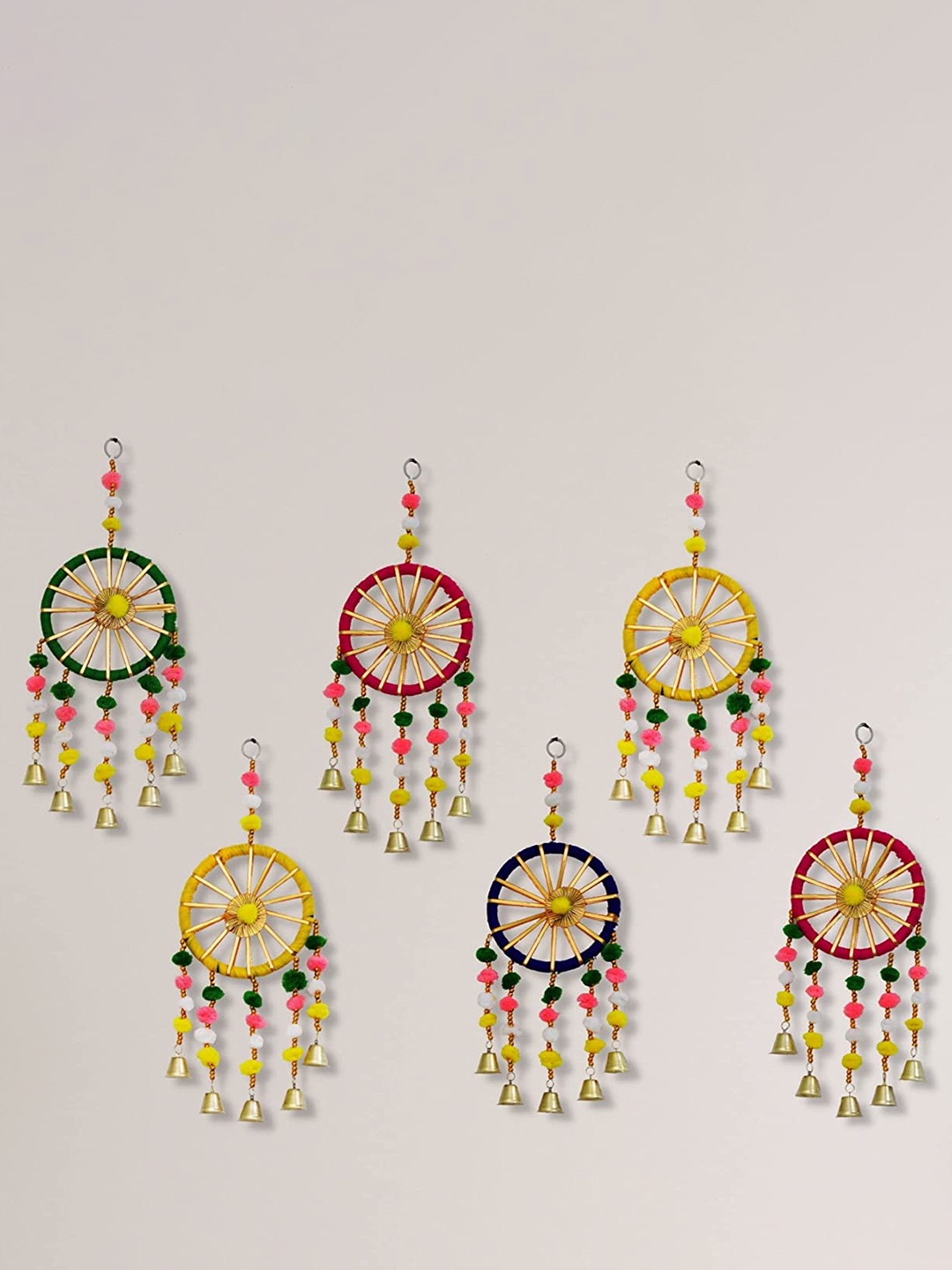 

BS AMOR Yellow & Green 6 Pieces Chakri Shaped Wall Hangings with Bells