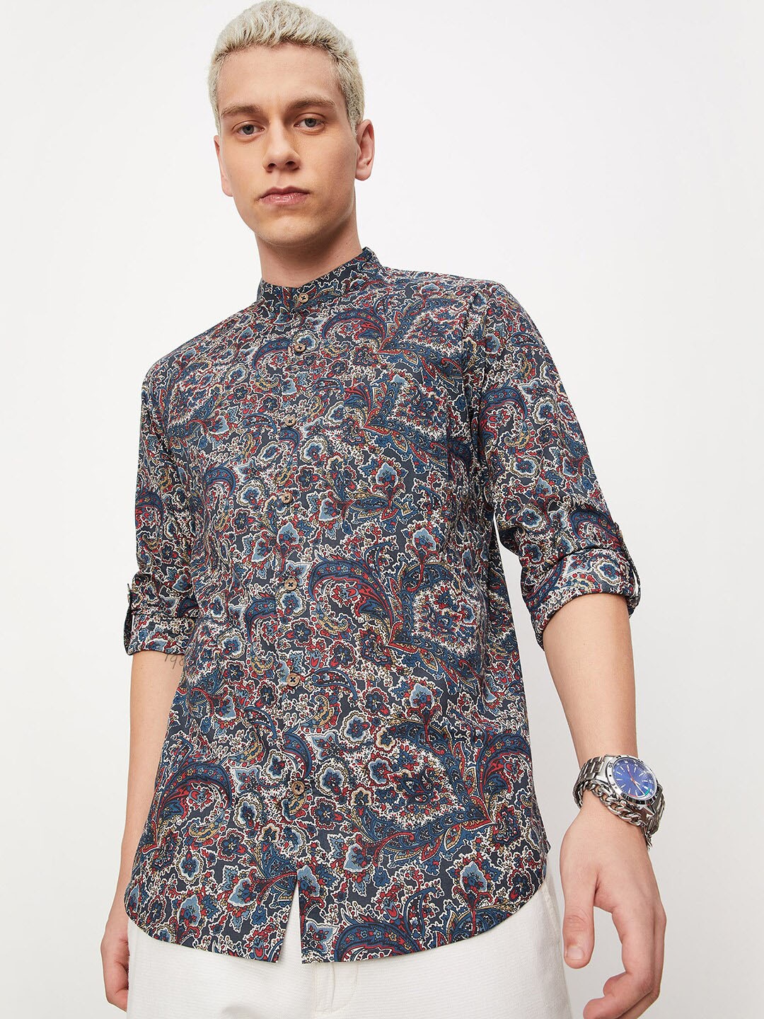 

max Ethnic Motifs Printed Spread Collar Pure Cotton Casual Shirt, Blue