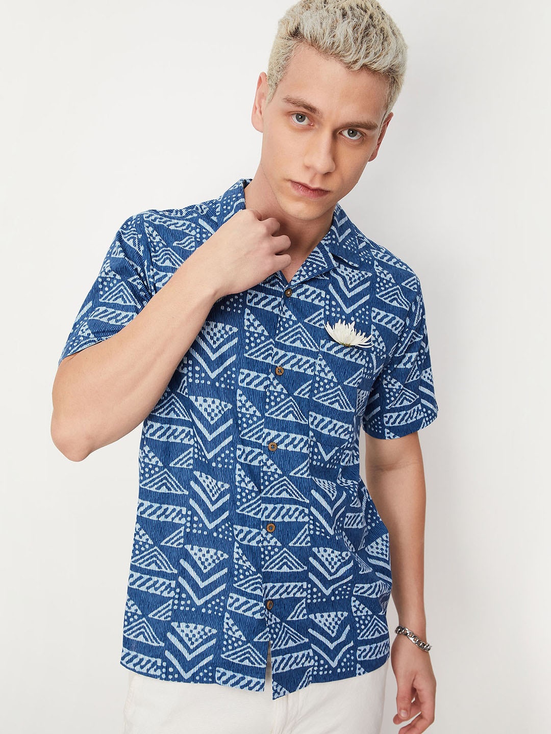 max Geometric Printed Cuban Collar Pure Cotton Casual Shirt, Blue