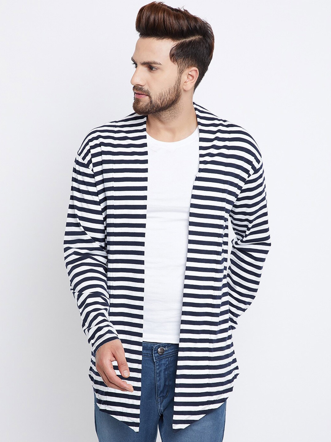 

CHILL WINSTON Men Striped Open Front Asymmetric Cotton Shrug, Navy blue