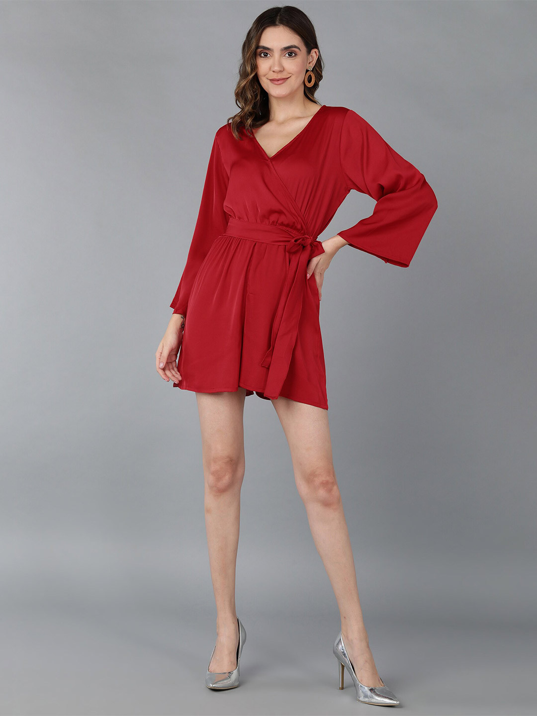 

Fashfun V-Neck Waist Tie-Ups Basic Jumpsuit, Red