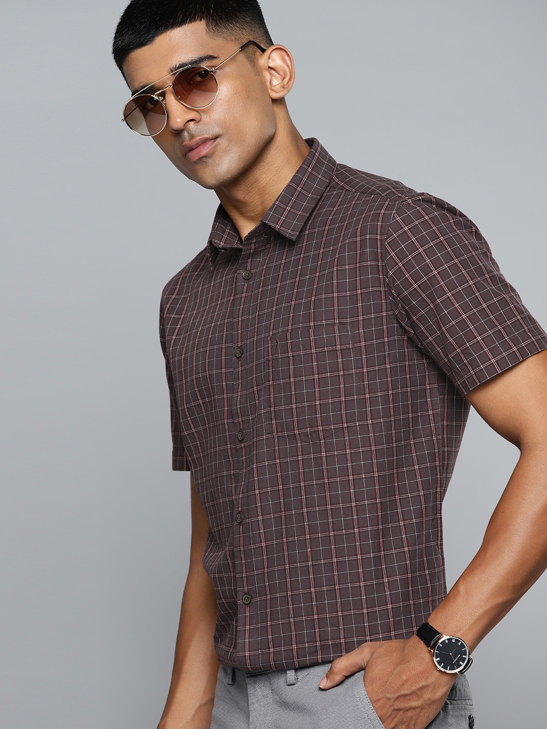 

Indian Terrain Pure Cotton Slim Fit Checked Semiformal Shirt, Brown