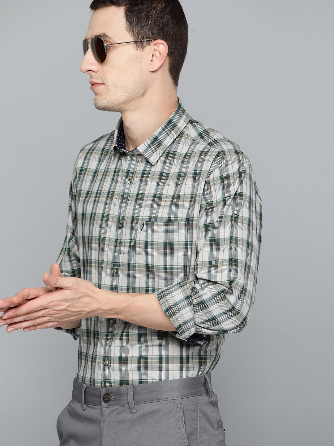 

Indian Terrain Pure Cotton Slim Fit Checked Semiformal Shirt, Grey