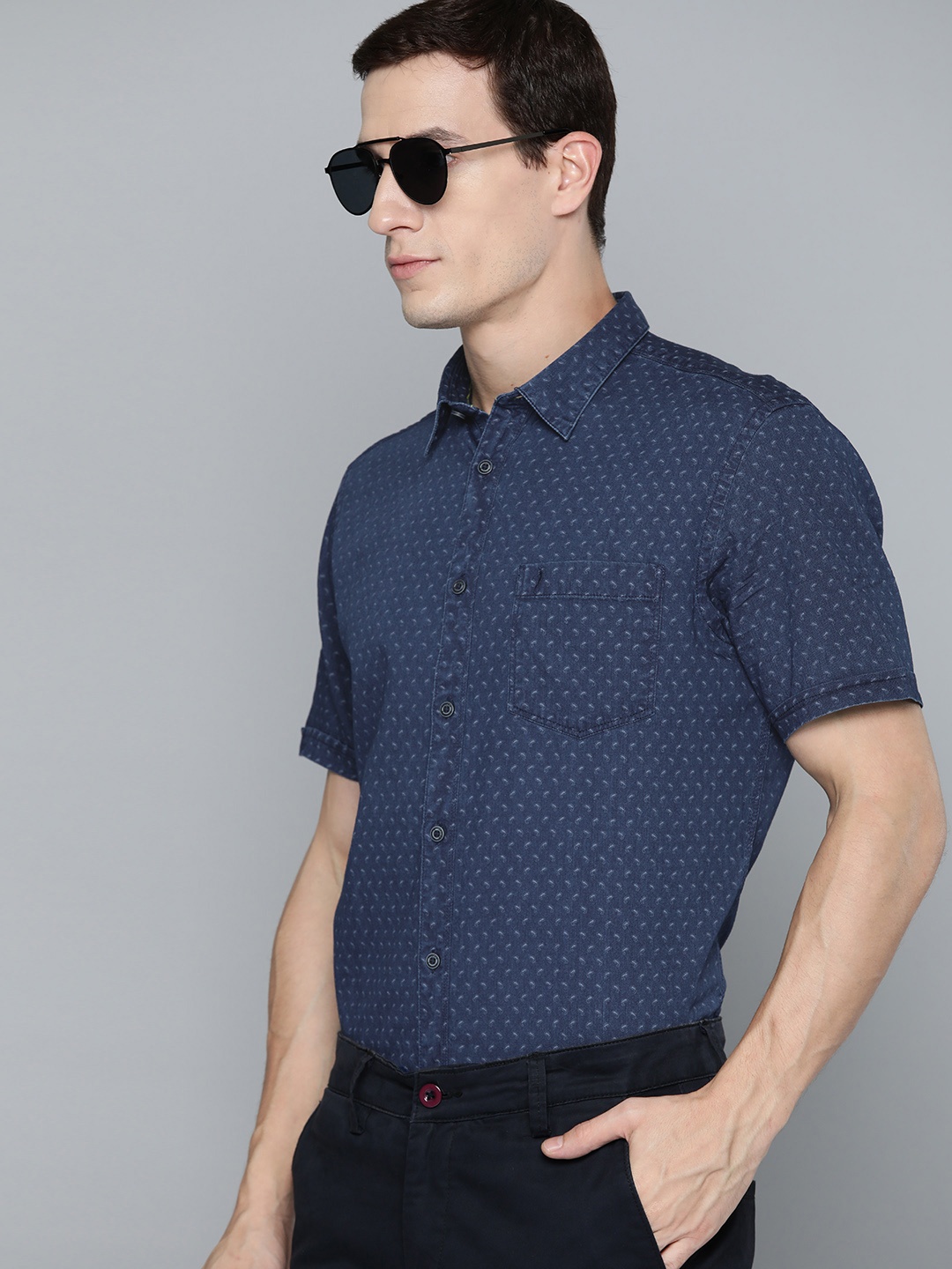 

Indian Terrain Printed Slim Fit Indigo Cotton Shirt, Navy blue