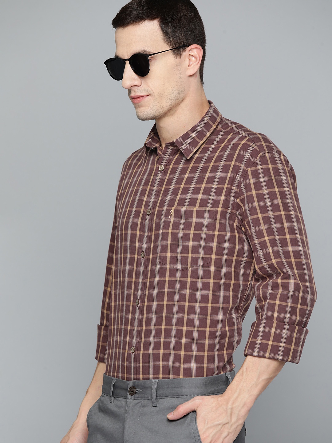 

Indian Terrain Pure Cotton Slim Fit Checked Semiformal Shirt, Brown