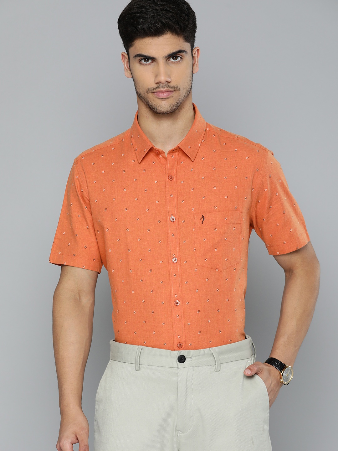 

Indian Terrain Slim Fit Printed Pure Cotton Formal Shirt, Orange