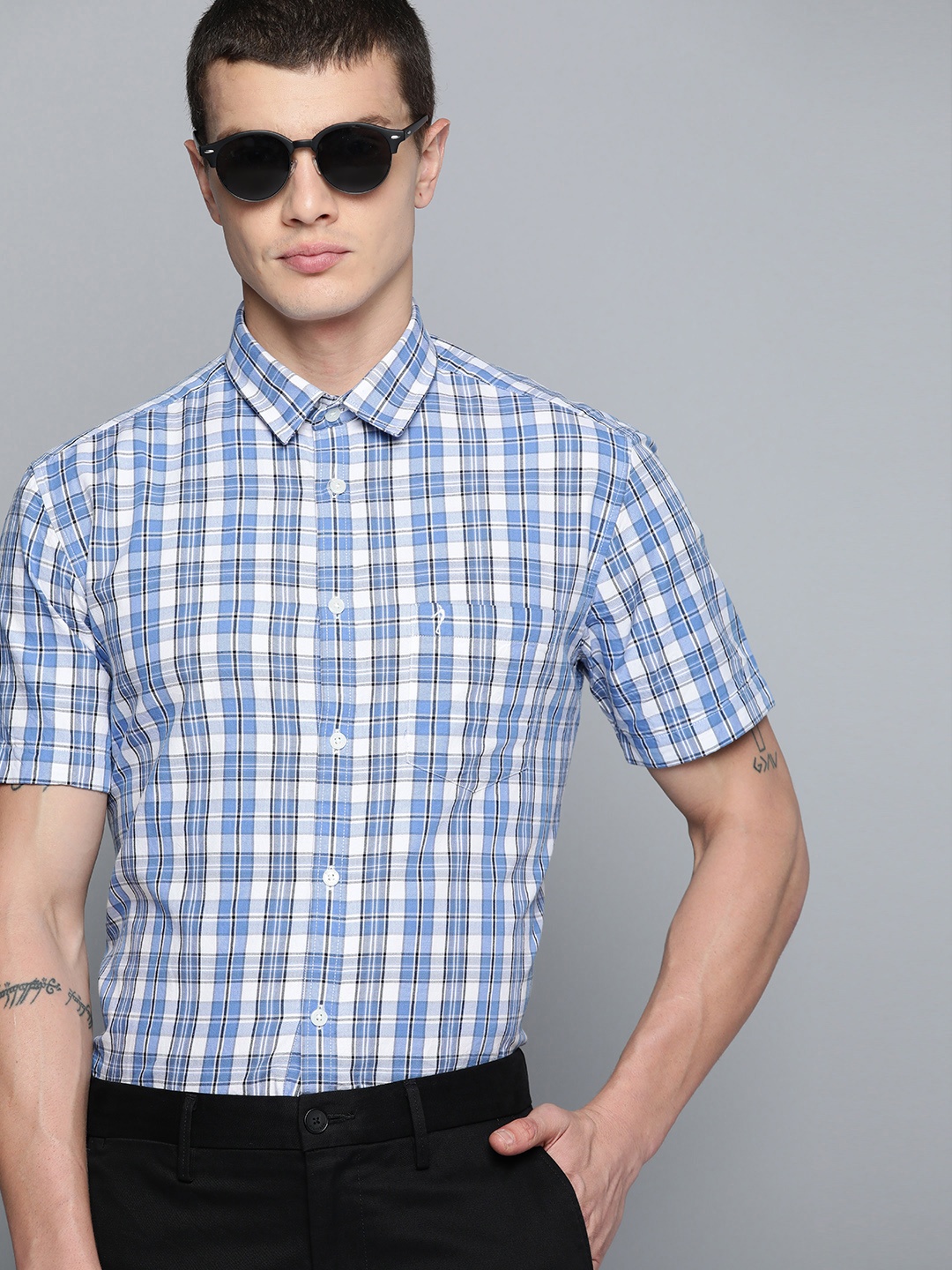 

Indian Terrain Pure Cotton Slim Fit Tartan Checks Opaque Semiformal Shirt, Blue