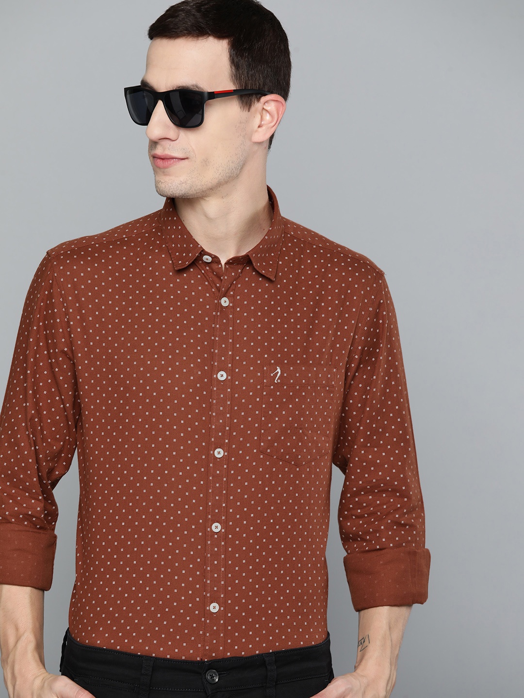 

Indian Terrain Pure Cotton Slim Fit Printed Semiformal Shirt, Brown