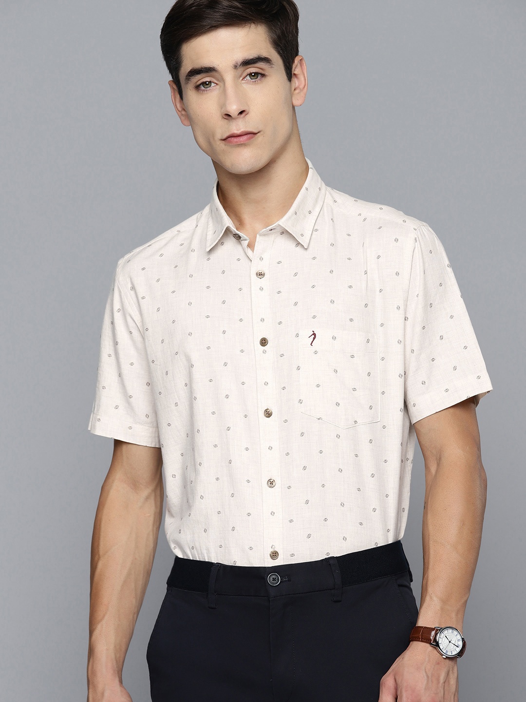 

Indian Terrain Pure Cotton Slim Fit Opaque Printed Casual Shirt, Beige