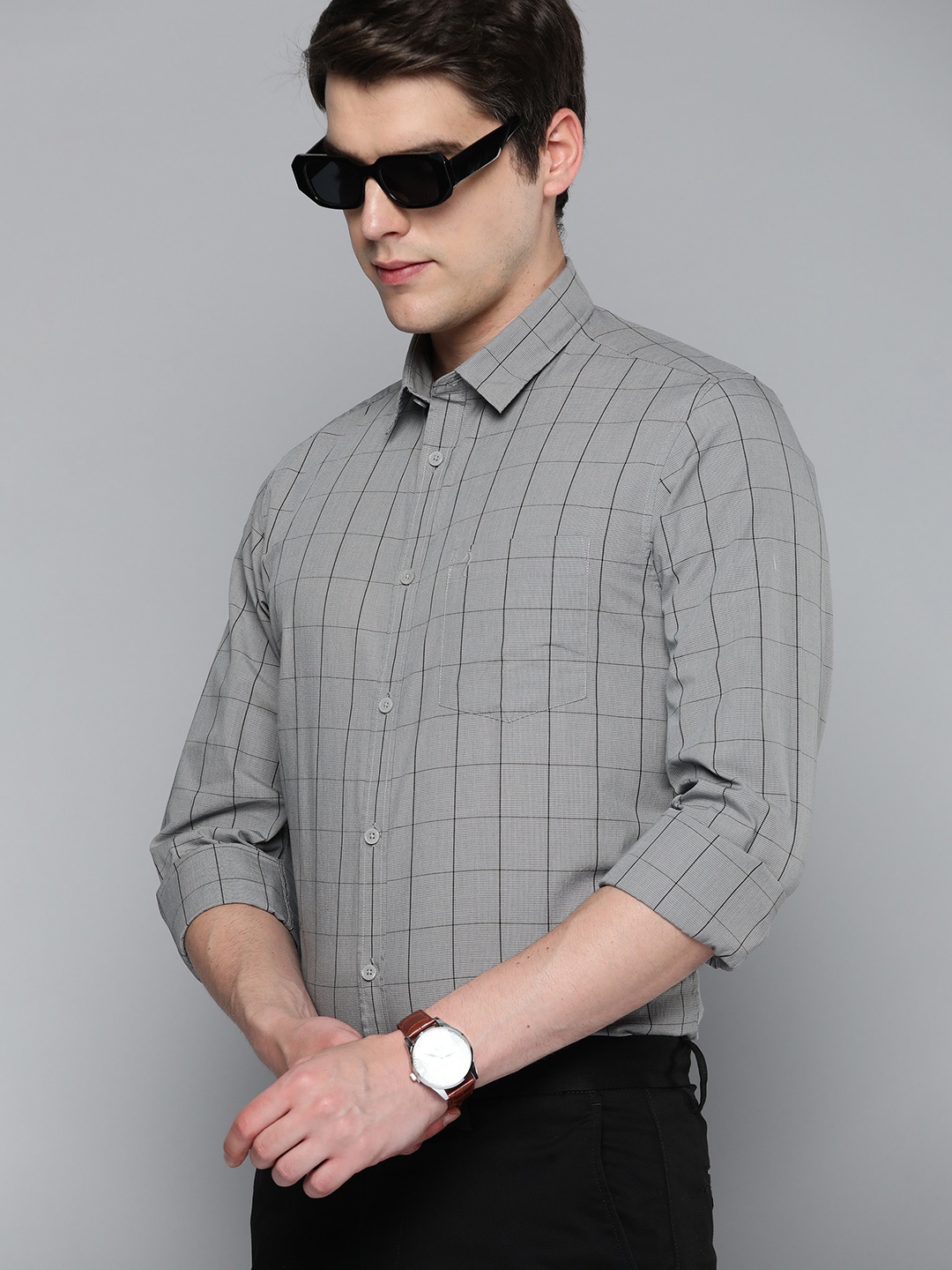 

Indian Terrain Pure Cotton Slim Fit Opaque Checked Smart Casual Shirt, Grey