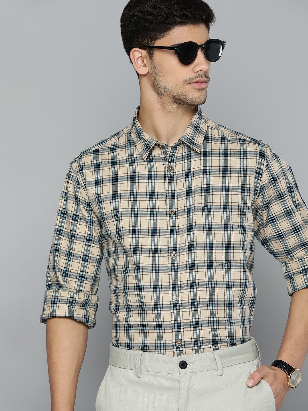 

Indian Terrain Pure Cotton Slim Fit Tartan Checked Semiformal Shirt, Beige