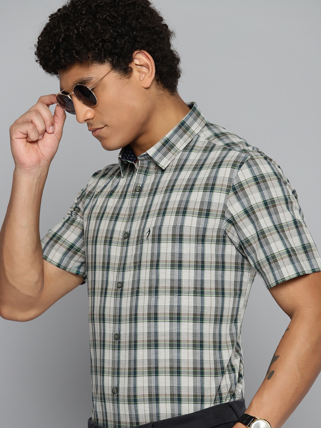 

Indian Terrain Pure Cotton Slim Fit Tartan Checked Semiformal Shirt, Grey