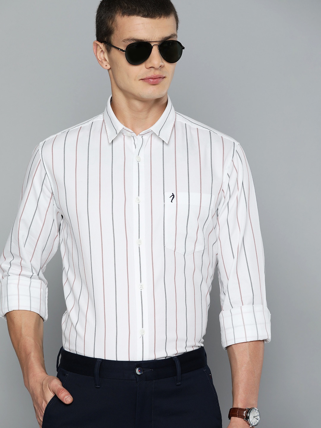 

Indian Terrain Pure Cotton Slim Fit Striped Semiformal Shirt, White