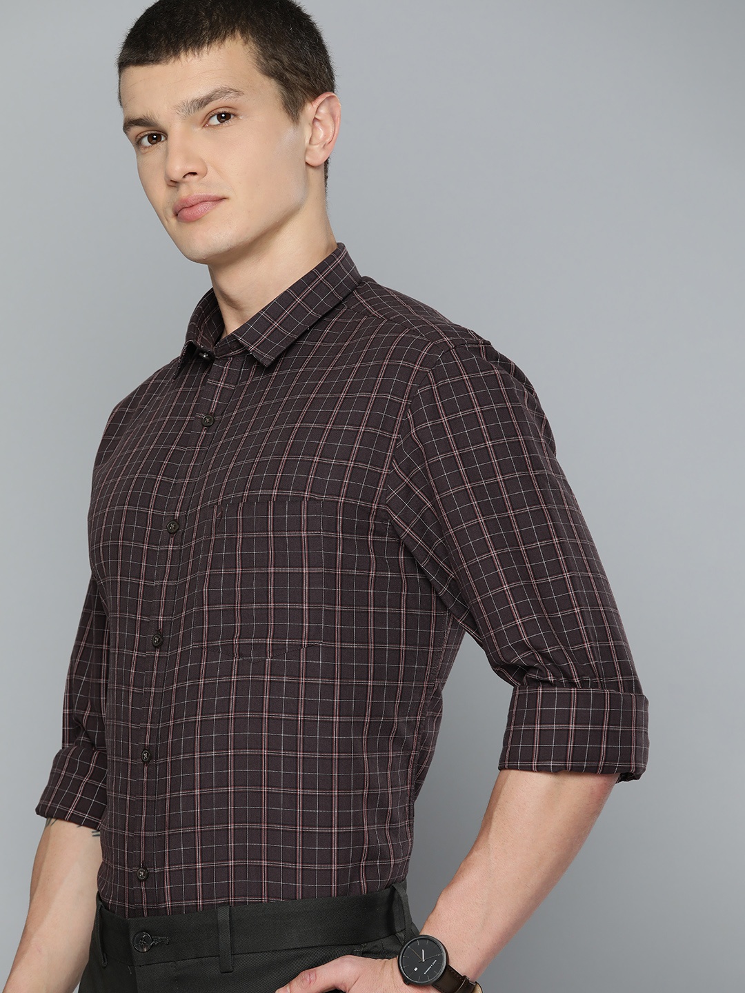 

Indian Terrain Pure Cotton Chiseled Slim Fit Tartan Checked Shirt, Coffee brown