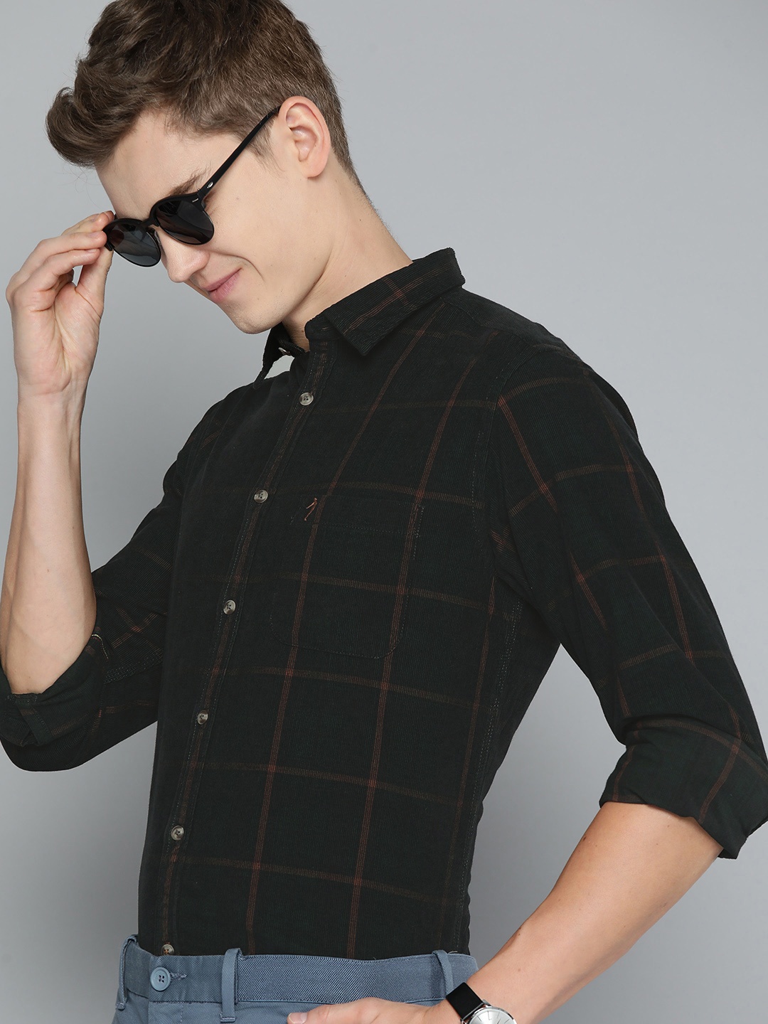 

Indian Terrain Cotton Slim Fit Corduroy Checked Casual Shirt, Black