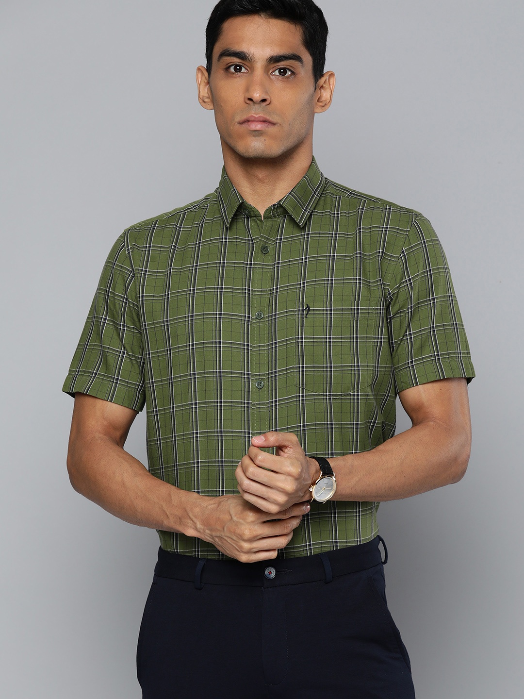 

Indian Terrain Slim Fit Tartan Checked Semiformal Shirt, Olive