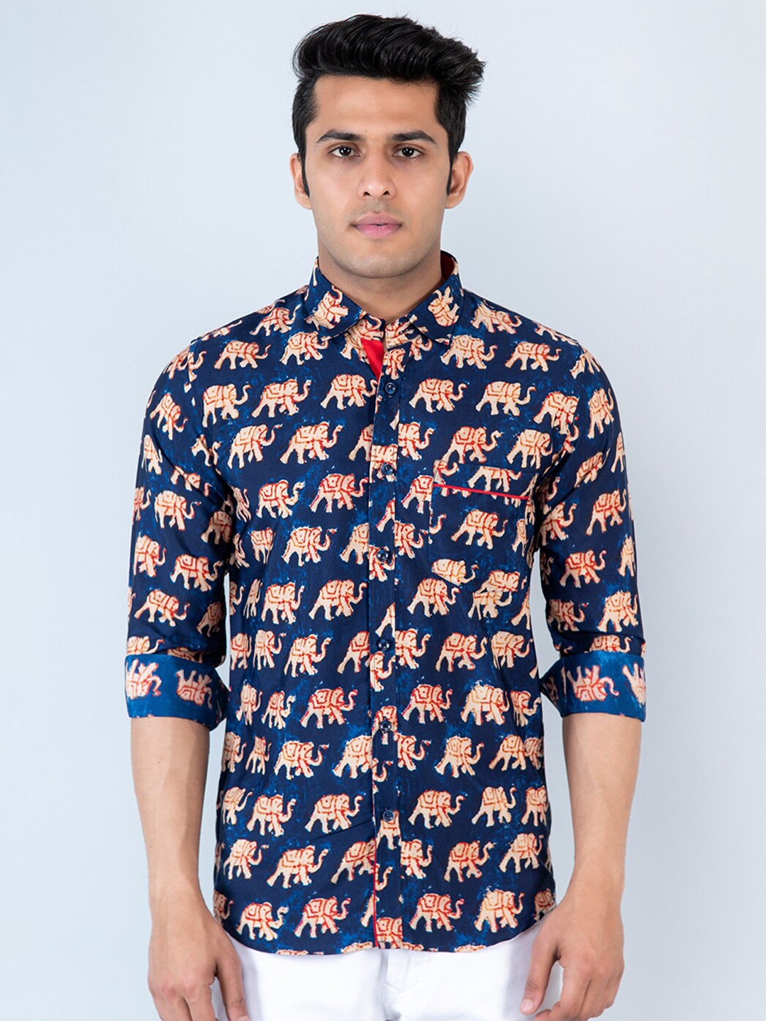 

Tistabene Comfort Slim Fit Ethnic Motifs Printed Cotton Casual Shirt, Blue