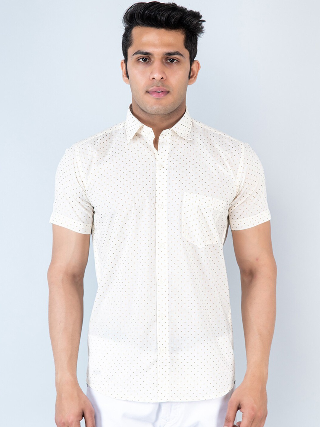 

Tistabene Comfort Spread Collar Polka Dot Printed Cotton Casual Shirt, Off white