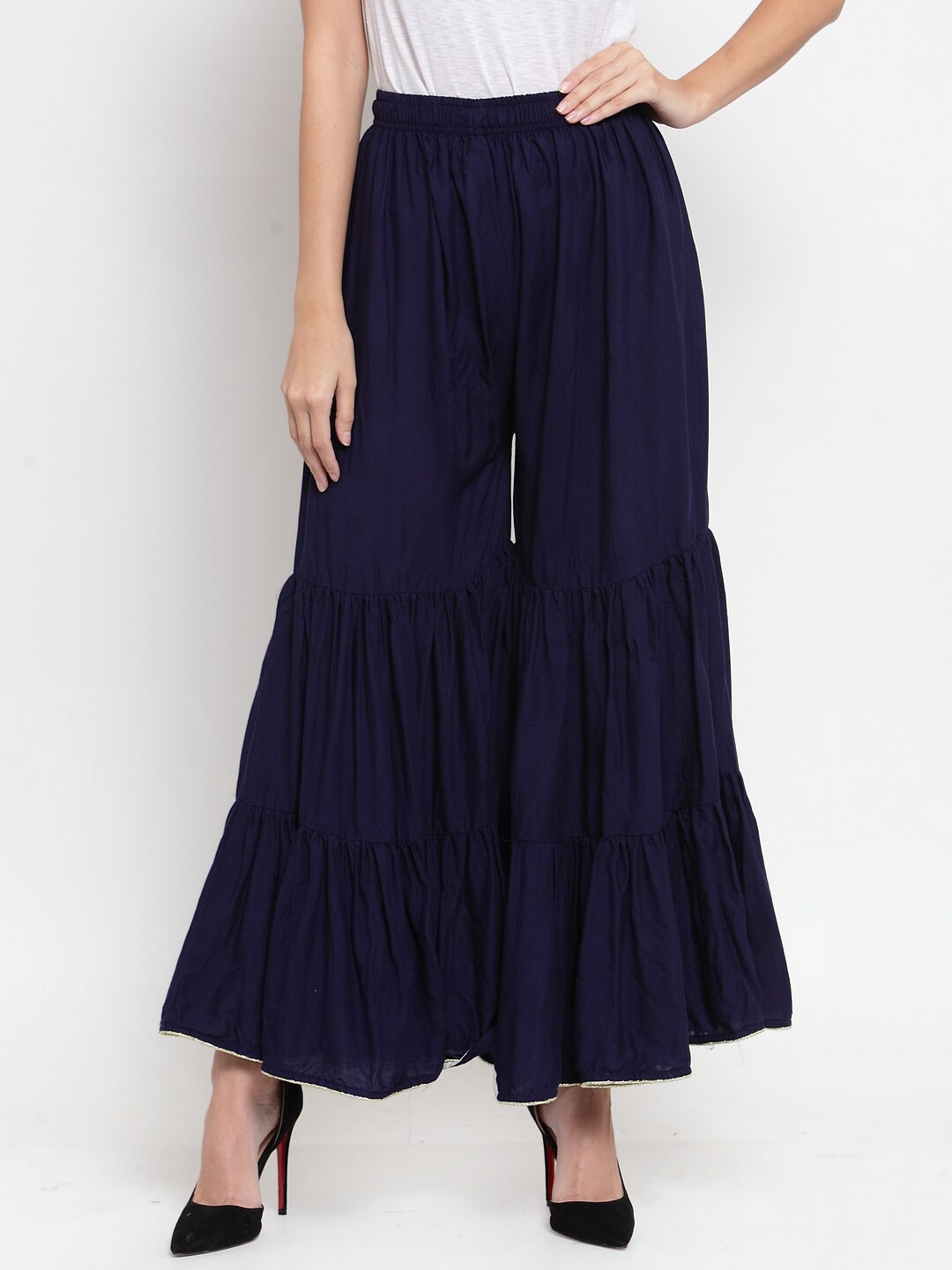 

Clora Creation Women Woven Flared Palazzos, Navy blue
