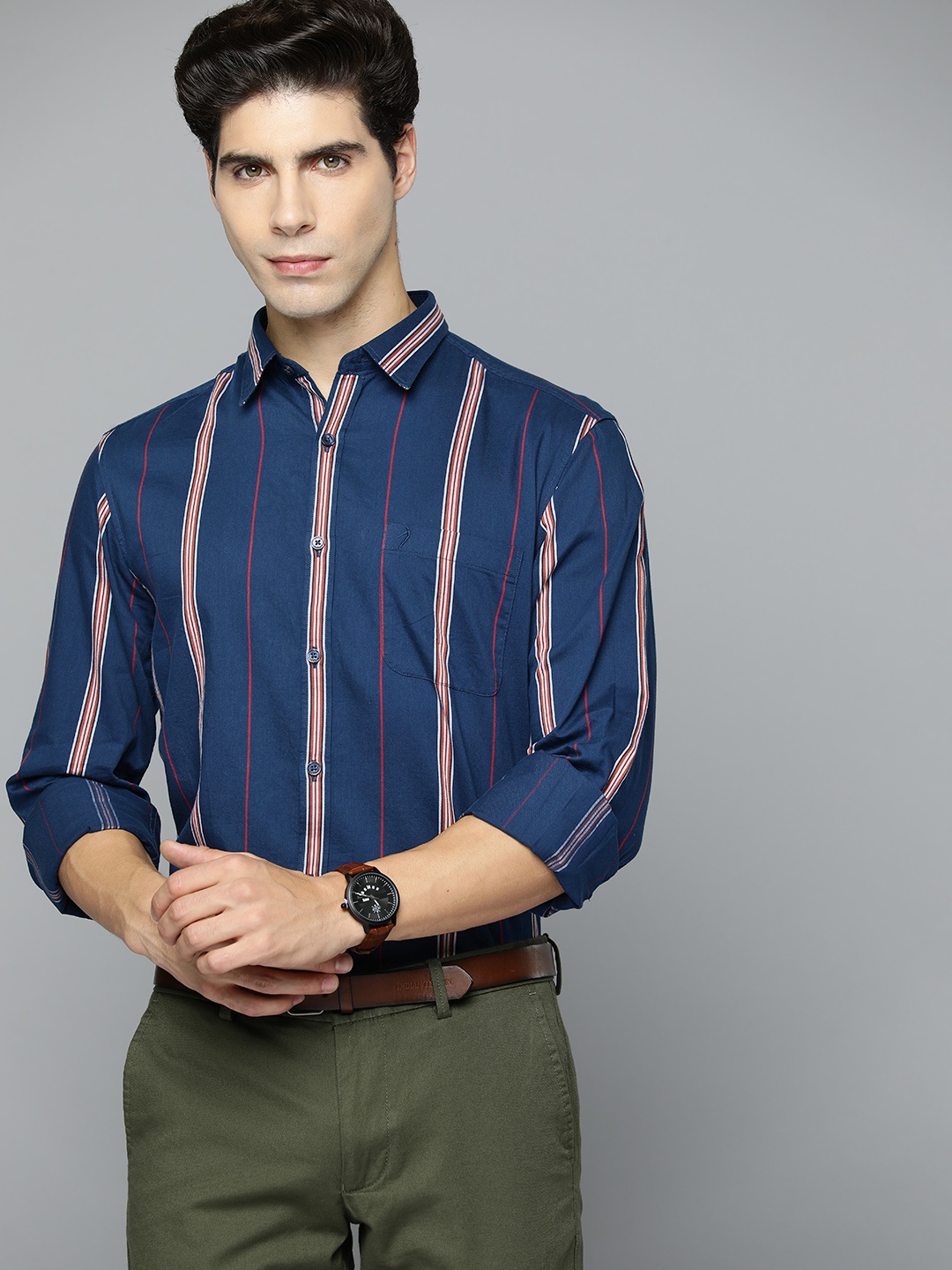 

Indian Terrain Men Sim Fit Striped Pure Cotton Casual Shirt, Navy blue