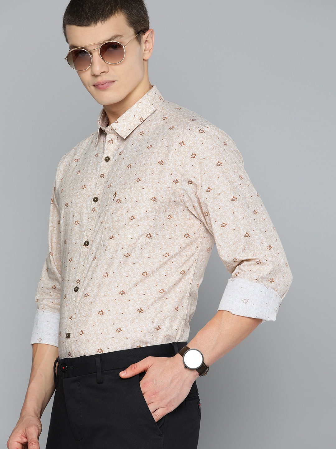 

Indian Terrain Pure Cotton Slim Fit Floral Print Smart Casual Shirt, Beige