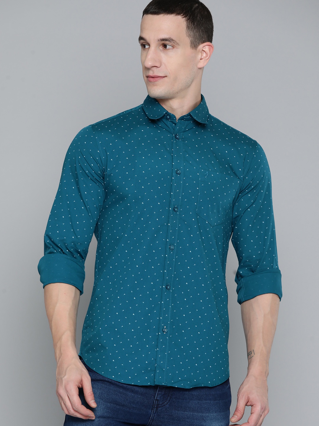 

Indian Terrain Chiseled Slim Fit Cotton Printed Casual Shirt, Teal