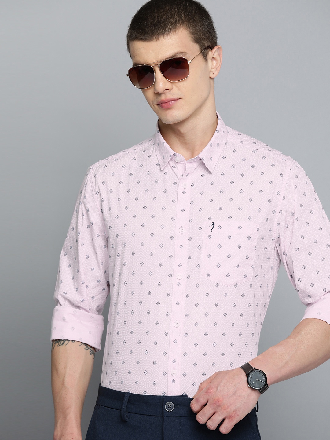 

Indian Terrain Men Chiseled Slim Fit Opaque Printed Semiformal Shirt, Pink