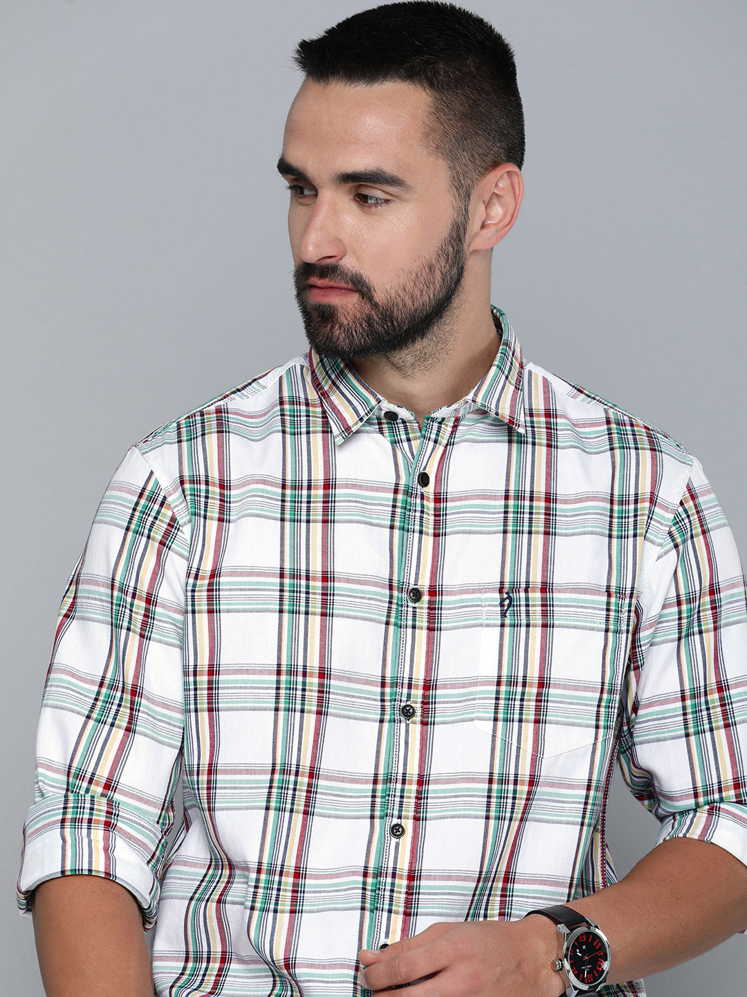 

Indian Terrain Pure Cotton Slim Fit Checked Casual Shirt, White