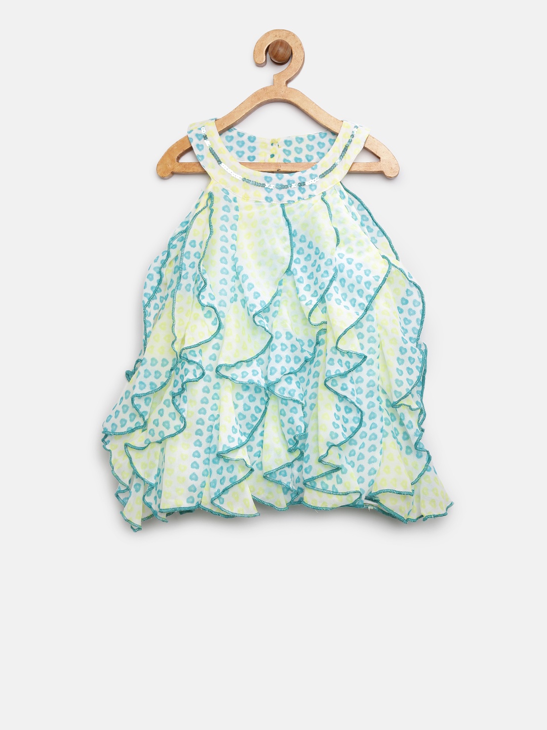 

Nauti Nati Girls Green & Off-White Heart Print Ruffled A-Line Dress