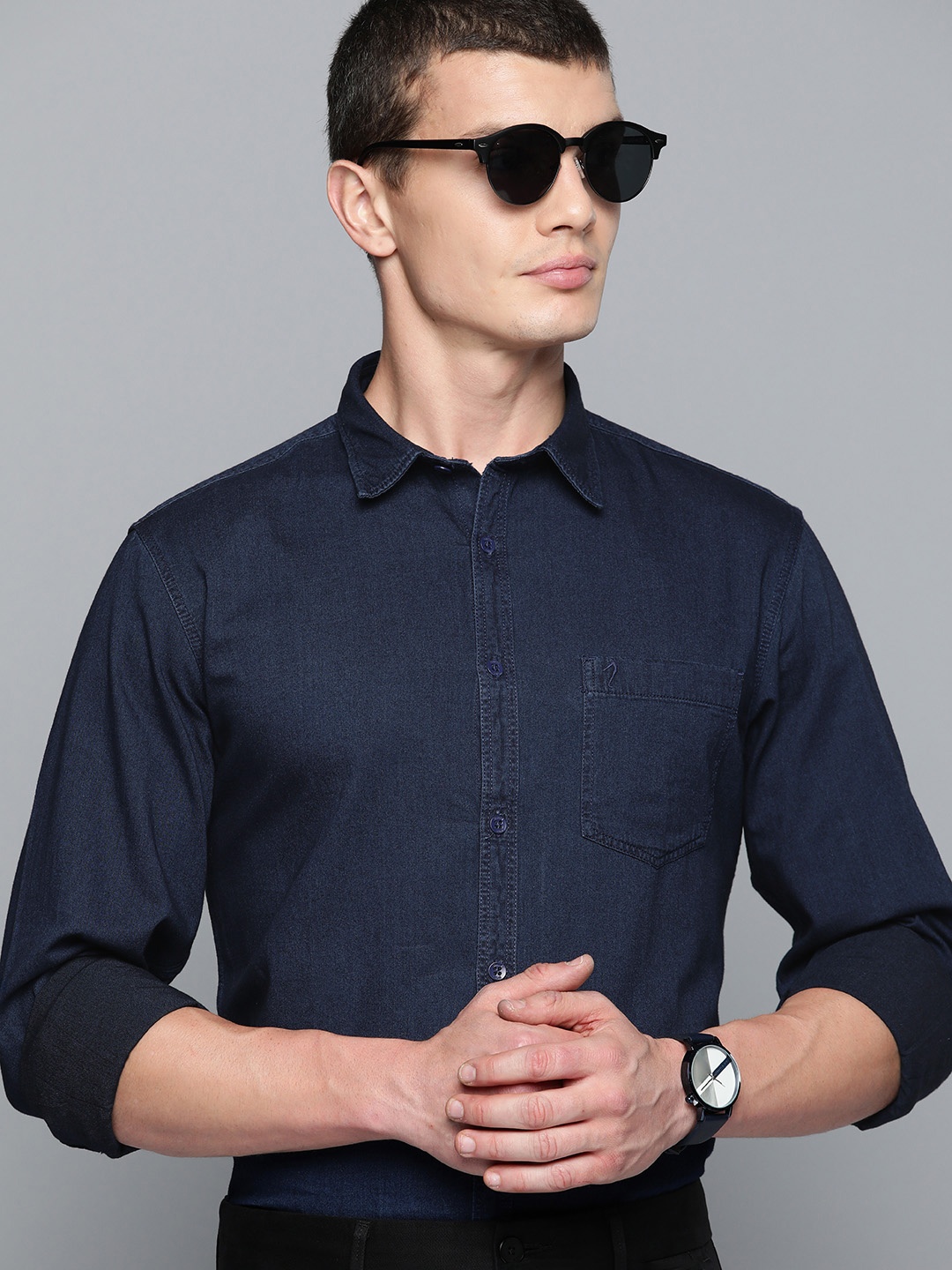 

Indian Terrain Pure Cotton Slim Fit Chambray Casual Shirt, Navy blue