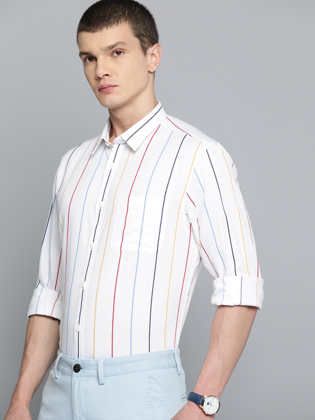 

Indian Terrain Men Slim Fit Striped Pure Cotton Casual Shirt, White