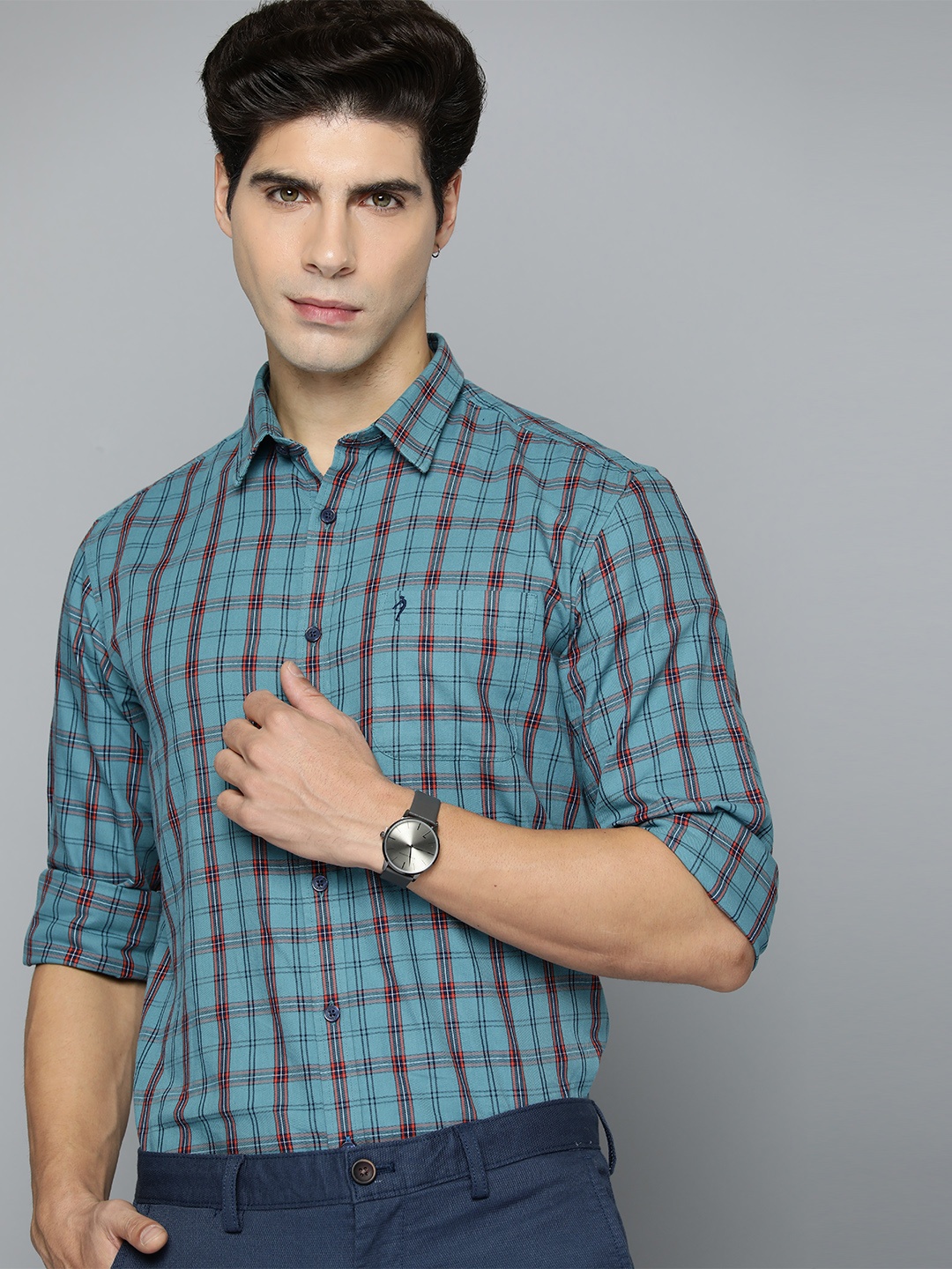 

Indian Terrain Pure Cotton Slim Fit Tartan Checked Semiformal Shirt, Blue
