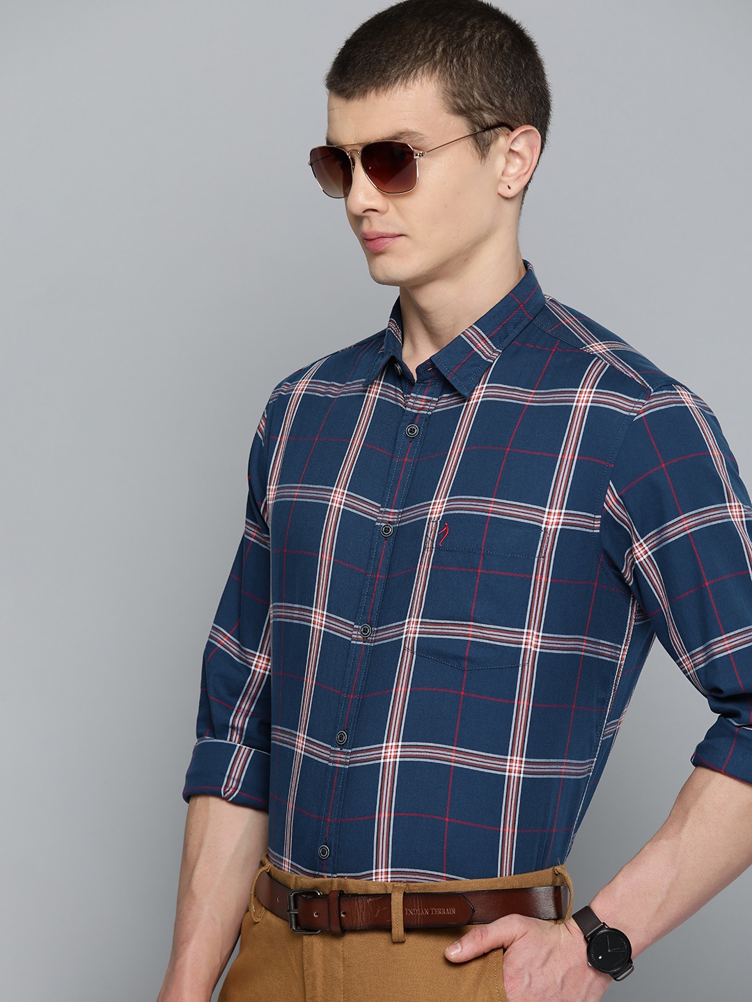 

Indian Terrain Slim Fit Tartan Checks Pure Cotton Formal Shirt, Navy blue