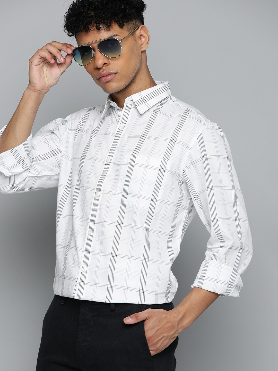 

Indian Terrain Slim Fit Tartan Checked Cotton Semiformal Shirt, White