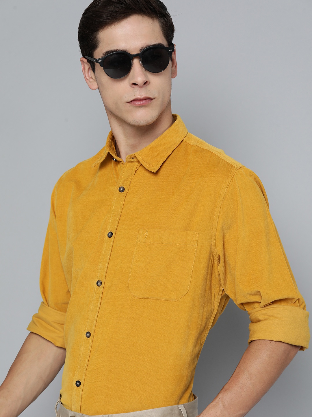 

Indian Terrain Men Corduroy Slim Fit Opaque Semiformal Shirt, Mustard