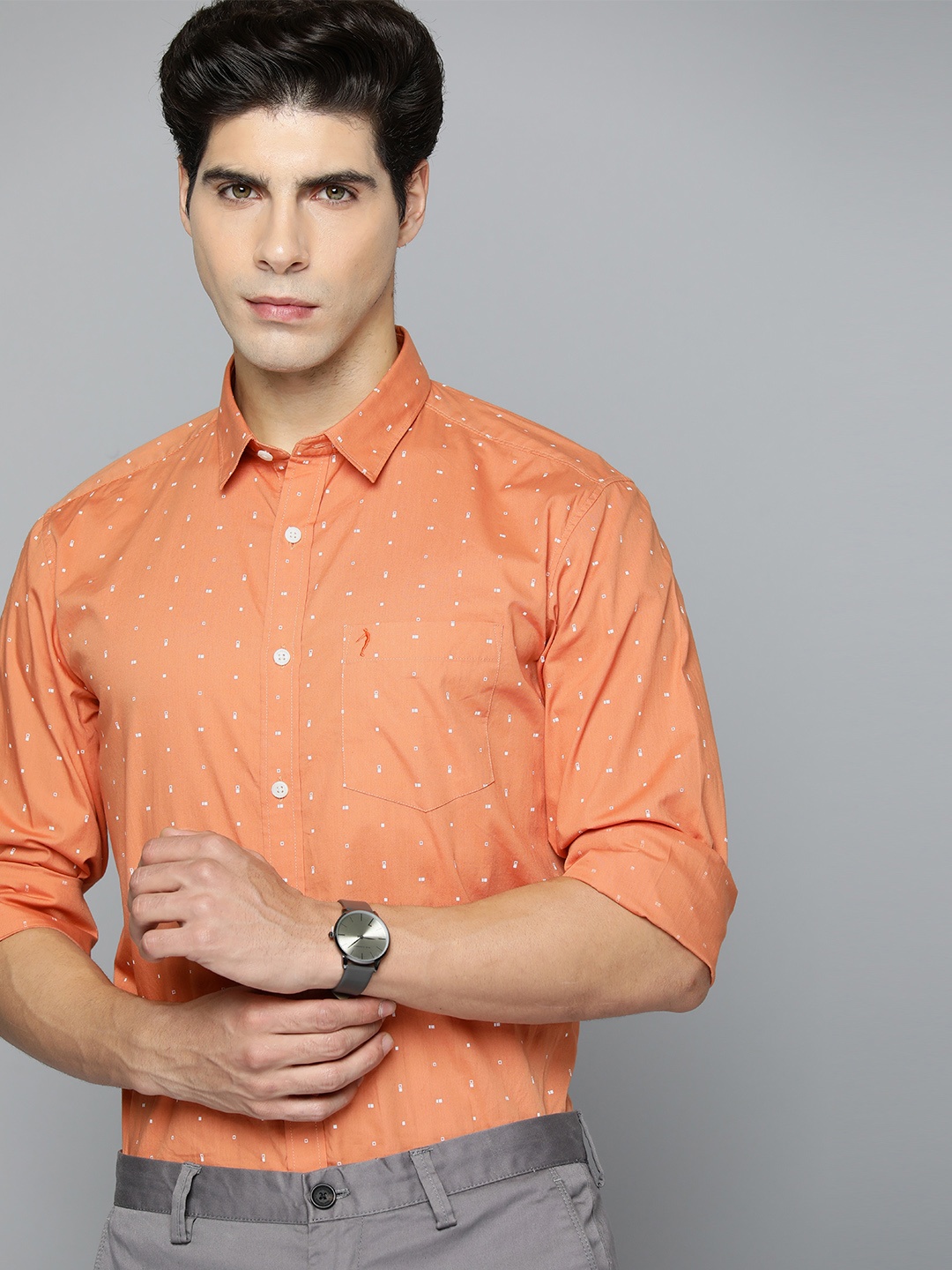 

Indian Terrain Pure Cotton Slim Fit Micro Printed Semiformal Shirt, Orange