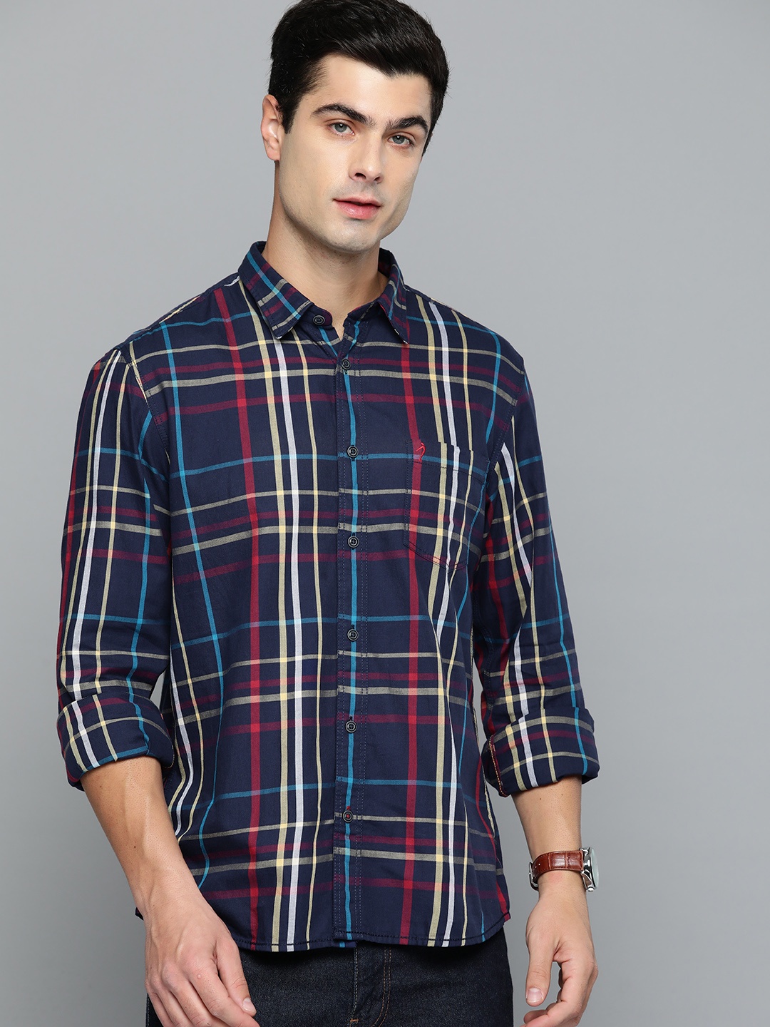 

Indian Terrain Chiseled Slim Fit Checked Shirt, Navy blue