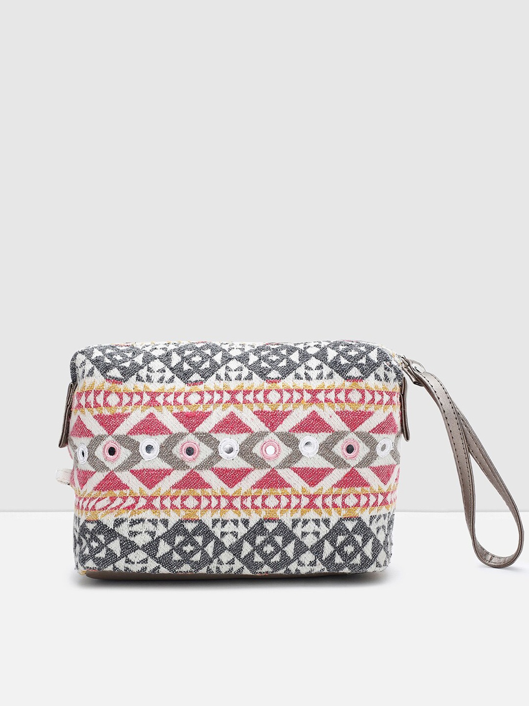 

max Women Woven Designed Cotton Makeup Travel Pouch, Grey