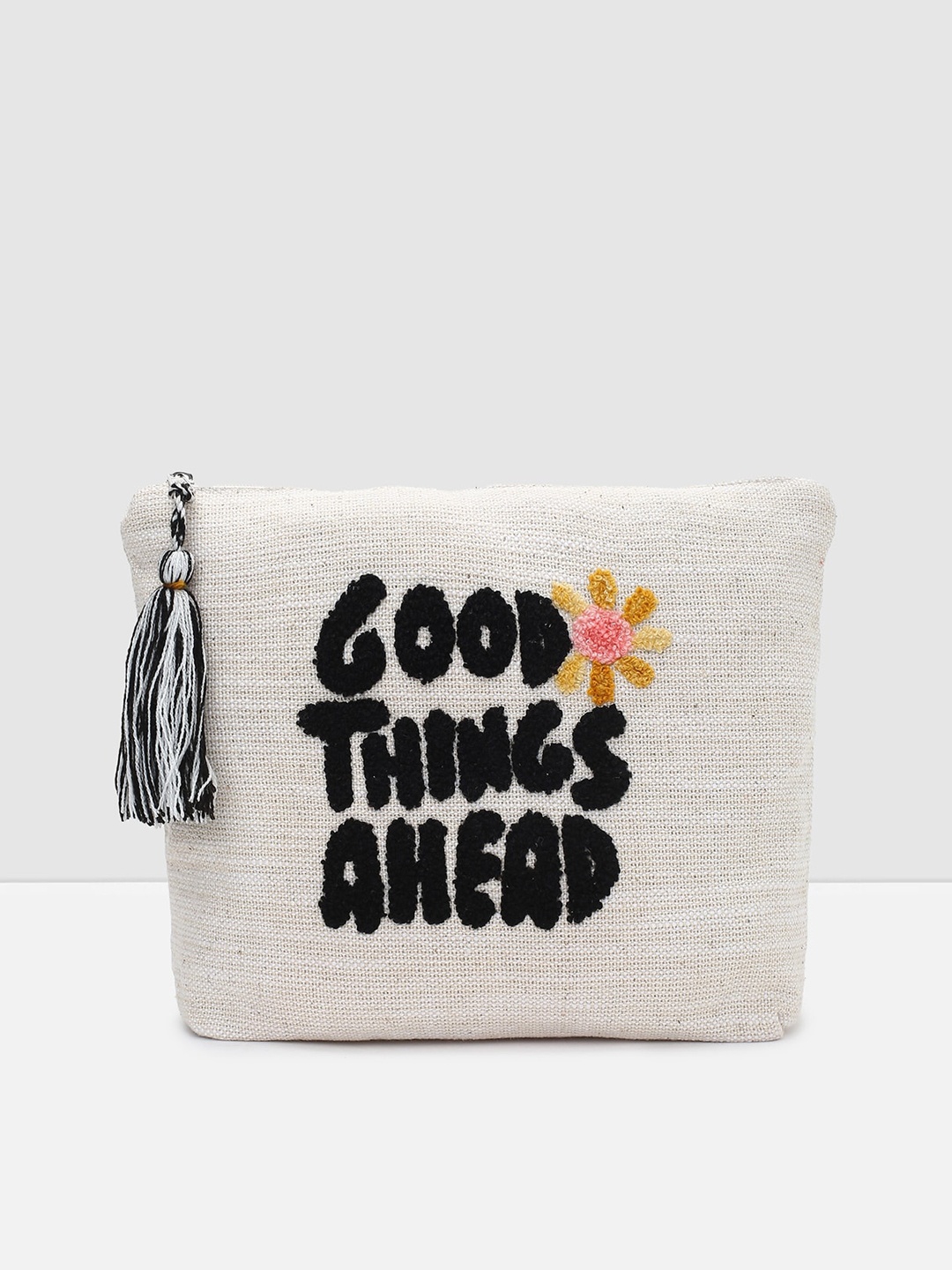 

max Women Embroidered Cotton Woven Pouch with Tassel, Off white