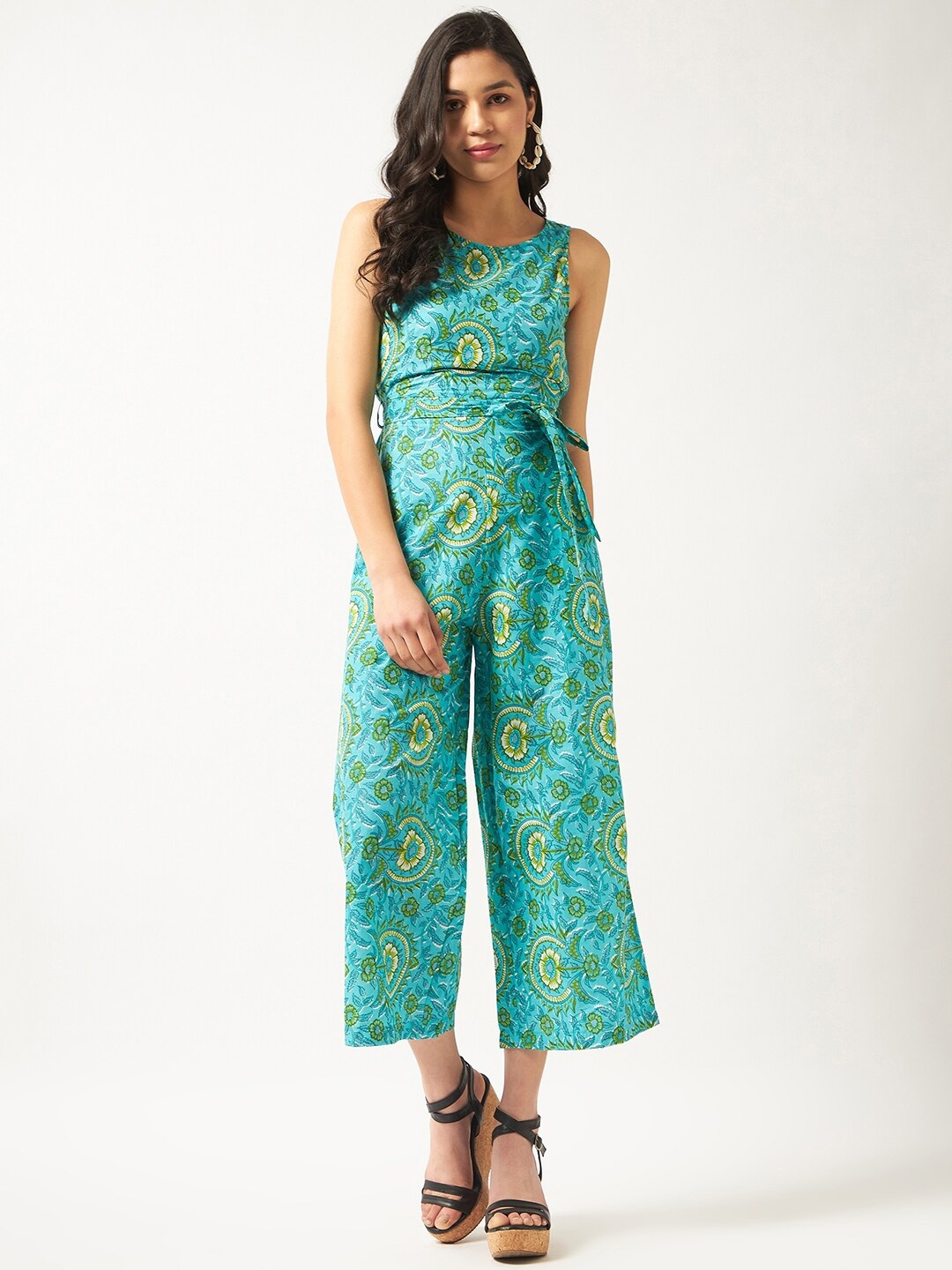 

Pannkh Floral Printed Sleeveless Waist Tie-Ups Cotton Basic Jumpsuit, Green