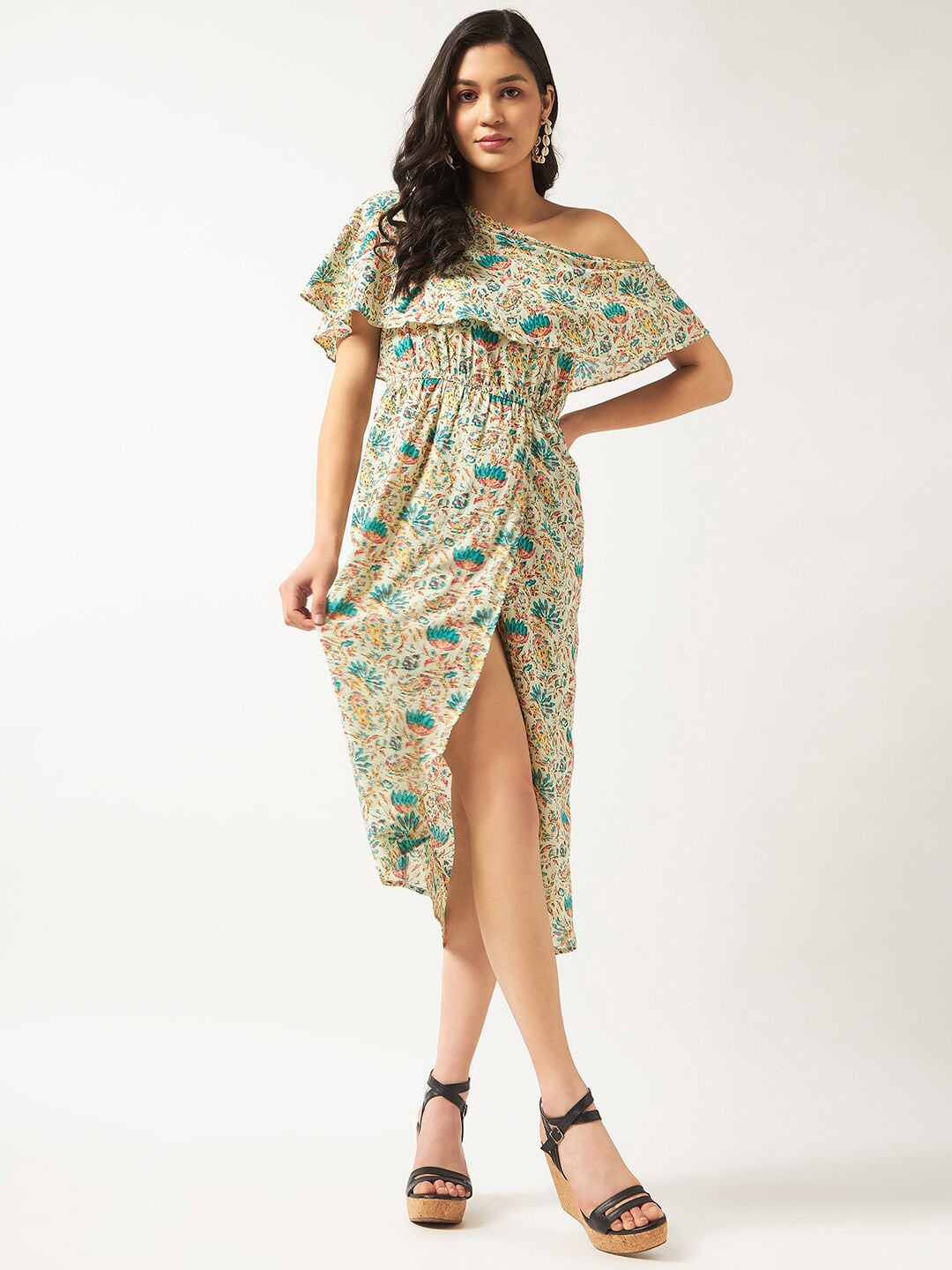 

Pannkh Floral Off-Shoulder High Slit A-Line Dress, Cream